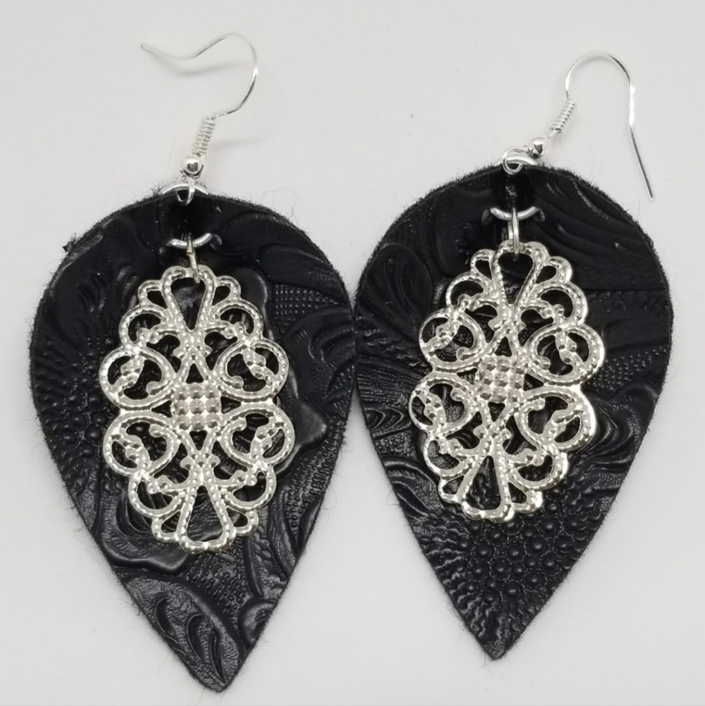 NWT Black and Silver Faux Leather Drop Earrings